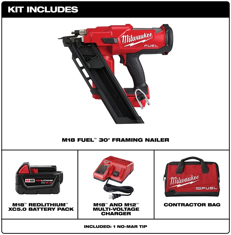 Milwaukee 2745-21 Framing Nailer Kit, Battery Included, 18 V, 5 Ah, 43 Nails Magazine, 30 to 34 deg Collation