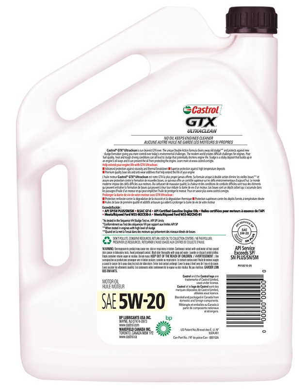 Castrol GTX ULTRACLEAN 000153A Motor Oil, 5W-20, 5 L Jug