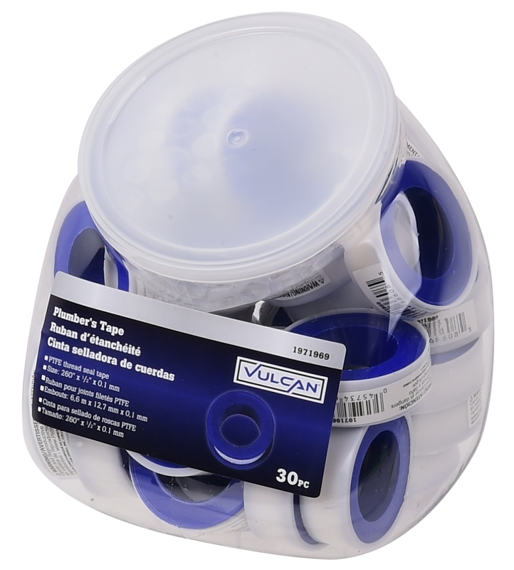 Vulcan W974 Thread Sealing Tape, 260 in L, 1/2 in W, PTFE, White
