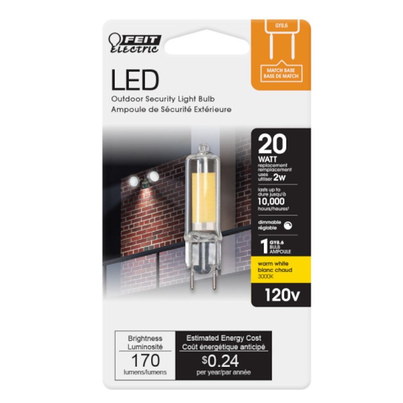 Feit Electric BP20G8.6/830/LED LED Bulb, Specialty, T4 Lamp, 20 W Equivalent, G8.6 Lamp Base, Dimmable, Clear