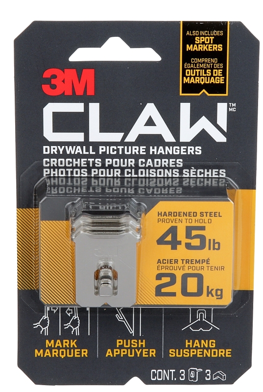 3M 3PH45M-3EF Picture Hanger, 45 lb, Steel, Drywall Mounting, 1/EA