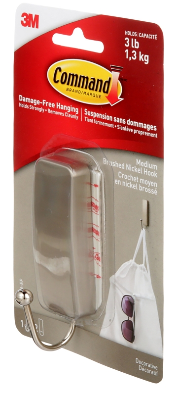 Command 17034BN-ES Medium Decorative Hook, 1 in W, Metal/Plastic, Brushed Nickel, 3 lb