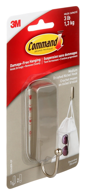 Command 17034BN-ES Medium Decorative Hook, 1 in W, Metal/Plastic, Brushed Nickel, 3 lb