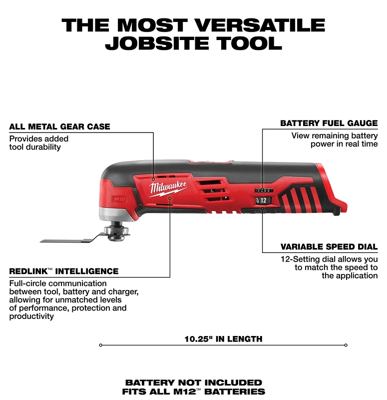 Milwaukee 2426-20 Multi-Tool, Tool Only, 12 V, 1.4 Ah, 5000 to 20,000 opm, Variable Speed Control