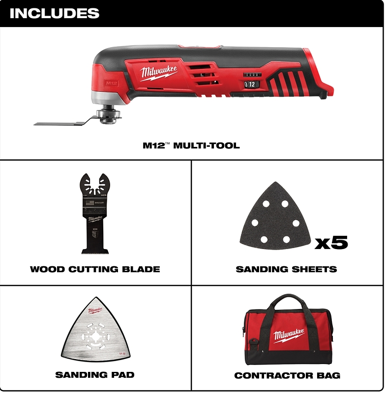 Milwaukee 2426-20 Multi-Tool, Tool Only, 12 V, 1.4 Ah, 5000 to 20,000 opm, Variable Speed Control