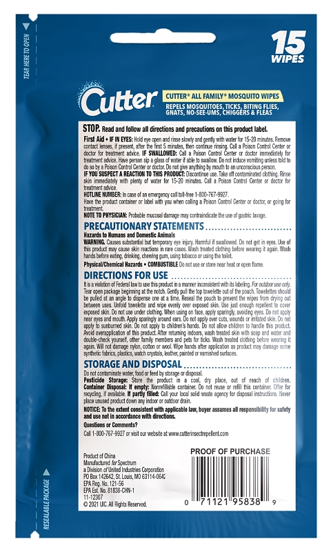 Cutter ALL FAMILY HG-95838 Mosquito Wipe, 3 oz, White, Alcohol