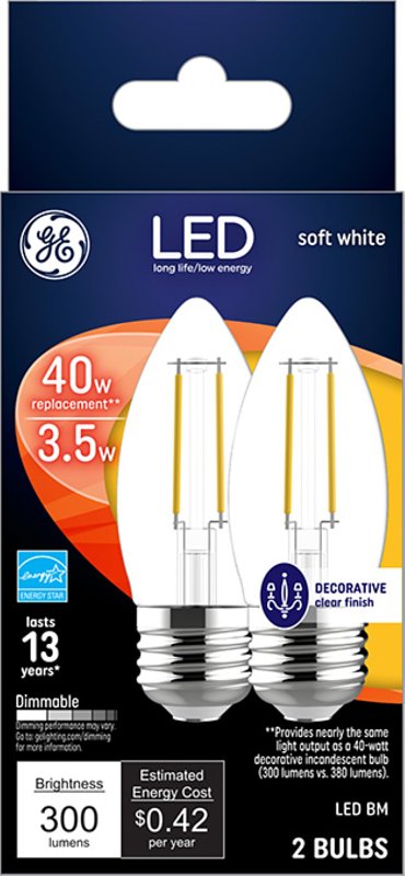 GE 23179 LED Bulb, Decorative, 300 Lumens, 3.5 W, BM Lamp, 40 W Equivalent, E26 Lamp Base, Dimmable, Soft White