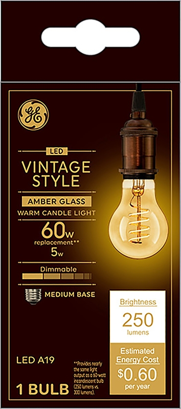GE Industrial Solutions 36505 LED Bulb, General Purpose, A19 Lamp, E26 Lamp Base, Dimmable, Amber, Warm White Light