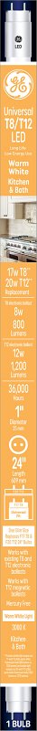 GE 37136 LED Tube Light Bulb, Specialty, T8 Lamp, Bi-Pin Lamp Base, Clear, Warm White Light, 3000 K Color Temp