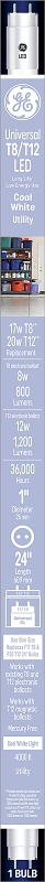 GE 37151 Linear Bulb, T8 Lamp, 20 W Equivalent, Bi-Pin Lamp Base, Frosted, Cool White Light, 4000 K Color Temp