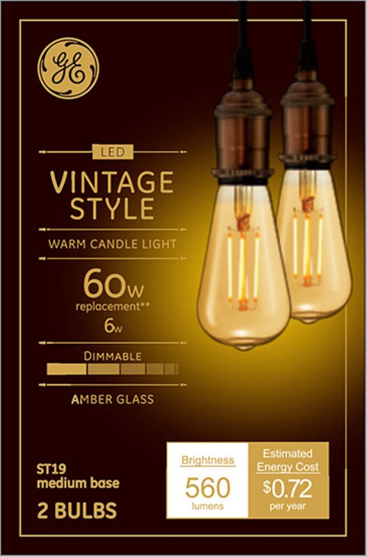 GE 42200 Replacement Bulb, Decorative, Vintage, ST19 Lamp, 60 W Equivalent, Medium (E26) Lamp Base, Dimmable, Amber