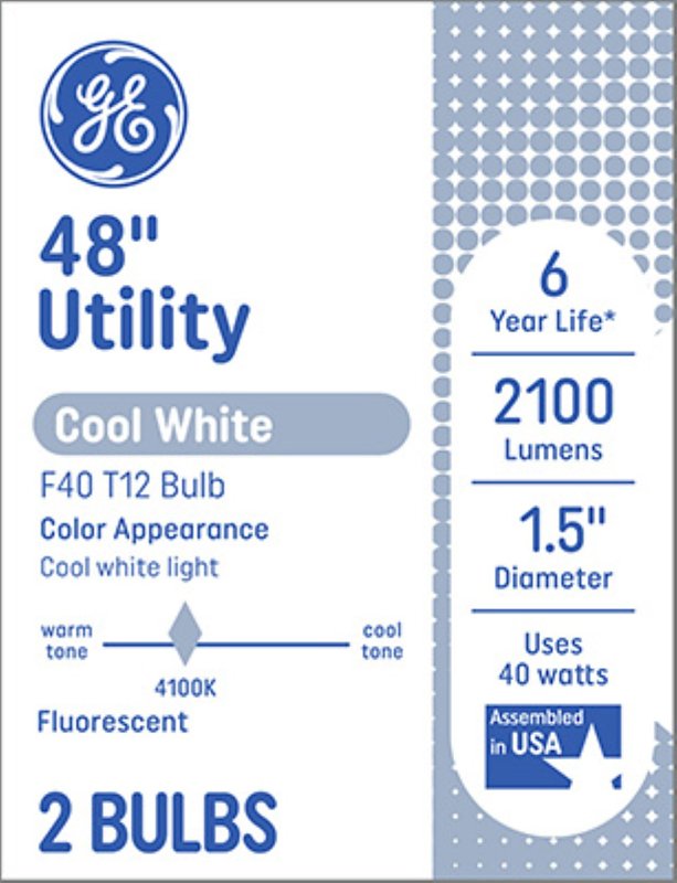 GE 66651 Light Bulb, 4100 K Color Temp, Cool White, 2100 Lumens, 40 W, T12 Lamp, G13 Medium Bi-Pin Lamp Base