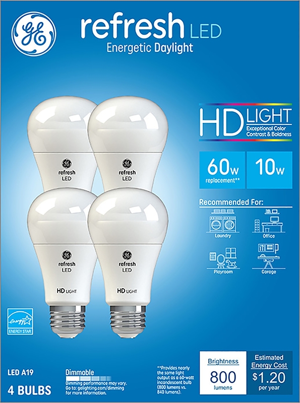 GE 96708 LED Bulb, 800 Lumens, 10 W, A19 Lamp, 60 W Equivalent, E26 Lamp Base, Dimmable, Daylight