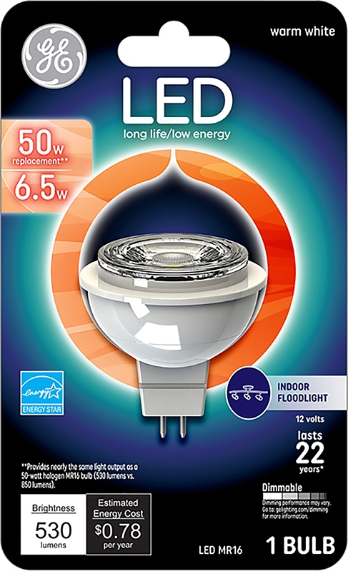 GE 93095551 LED Bulb, Track/Recessed, 500 Lumens, 7 W, MR16 Lamp, 50 W Equivalent, GU5.3 Lamp Base, Dimmable, Clear