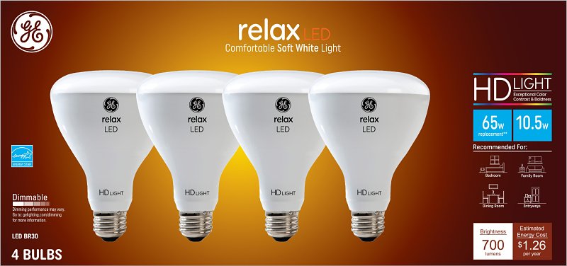 Relax Hd Led Light Bulbs, Soft White, 9 Watt, 4-pk, 650 Lumens, Dimmable