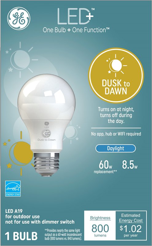 GE LED+ 93121487 Dusk To Dawn Light Bulb, General-Purpose, A19 Lamp, 60 W Equivalent, Medium (E26) Lamp Base