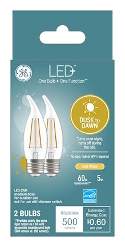 GE LED+ 93121493 Dusk To Dawn Light Bulb, 500 Lumens, 5 W, CAM Lamp, 60 W Equivalent, Medium (E26) Lamp Base, 2 PK