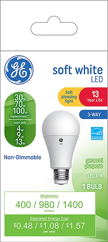 GE 93126861 Light Bulb, 3-Way, A19 Lamp, 30, 70, 100 W Equivalent, Medium Lamp Base, Non-Dimmable, White