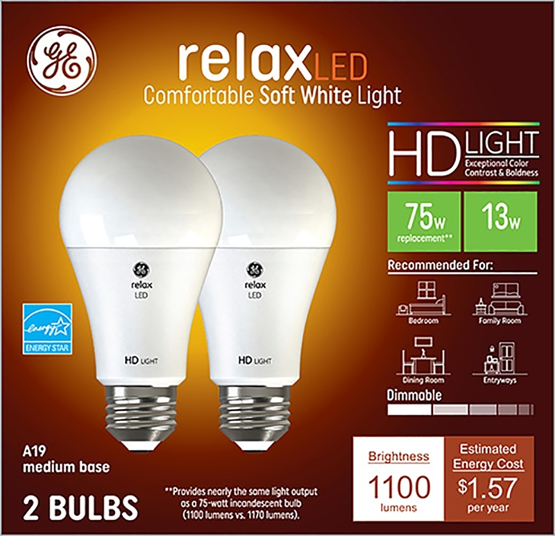 GE Relax 93127613 Light Bulb, General-Purpose, High-Definition, A19 Lamp, 75 W Equivalent, Medium (E26) Lamp Base