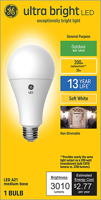 GE Ultra Bright 93128933 Light Bulb, A21 Lamp, 200 W Equivalent, Medium (E26) Lamp Base, Non-Dimmable, Soft White Light