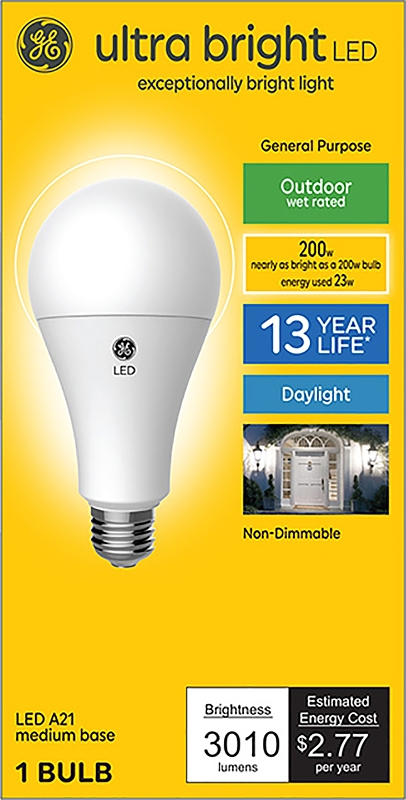 GE Ultra Bright 93128934 Light Bulb, A21 Lamp, 200 W Equivalent, Medium (E26) Lamp Base, Non-Dimmable, Daylight