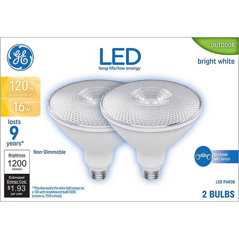 GE 93129302 Floodlight Bulb, PAR38 Lamp, 120 W Equivalent, Medium Lamp Base, Non-Dimmable, Clear, Bright White Light