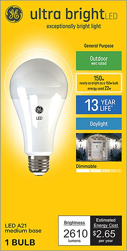 GE Ultra Bright 93129363 Light Bulb, A21 Lamp, 150 W Equivalent, Medium (E26) Lamp Base, Dimmable, Daylight
