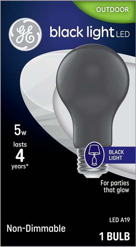 GE Black Light 93129710 Party Light Bulb, A19 Bulb, 5 W, Black Bulb, LED Bulb, 395 nmK Color Temp