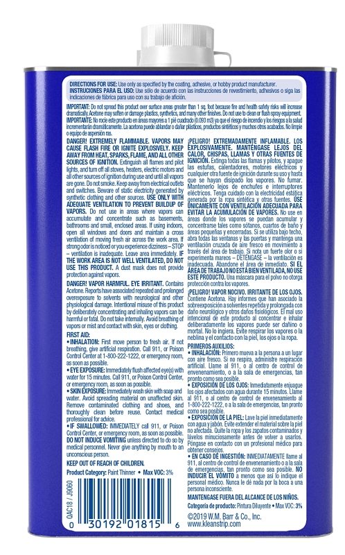 Klean Strip QAC18 Acetone Thinner, Liquid, Characteristic Ketone, Sweet Pungent, Clear, 1 qt, Can