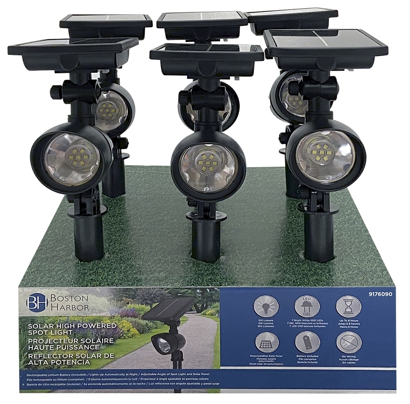 Boston Harbor 26079 Solar Spotlight, Li-Ion Battery, 18650 Battery, 7-Lamp, Plastic Fixture, Black