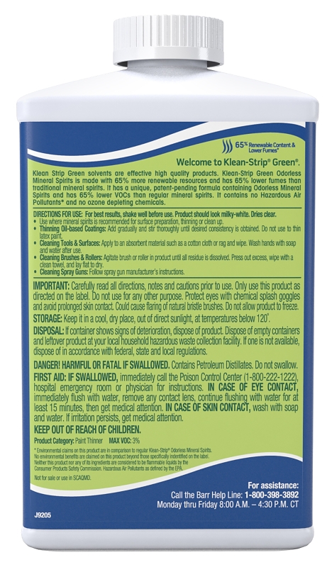 Klean Strip QKGO75CA Mineral Spirit Thinner, Liquid, Milky White, 1 qt