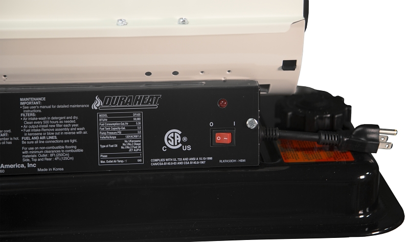 Dura Heat DFA50 Forced Air Heater with Carrying Handle, 5 gal Fuel Tank, Diesel, Kerosene, 50,000 Btu, White