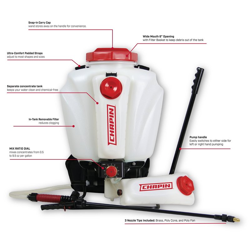 Chapin 63950 Backpack Sprayer, 4 gal Tank, Polyethylene Tank, 48 in L Hose, Adjustable Nozzle