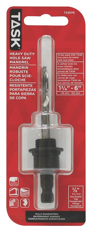 Task T22079 Series Hole Saw Mandrel, For: Task 1-3/8 to 6 in 2-Piece Bi-Metal Hole Saws, 3/8 in Shank, Hex Shank, HSS