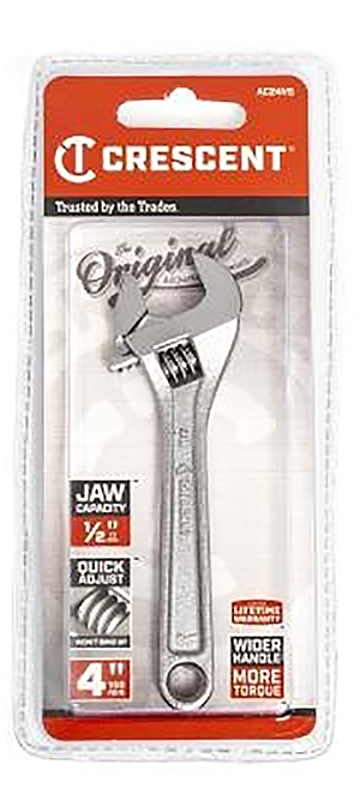 Crescent AC24VS Adjustable Wrench, 4 in OAL, 1/2 in Jaw, Steel, Chrome
