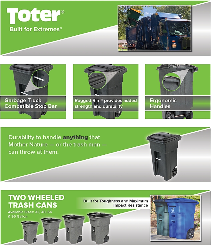 Toter 79232-R2705 Trash Can, 32 gal Capacity, Polyethylene, Blue, 19-3/4 in W x 24-1/4 in D x 37-1/2 in H Dimensions