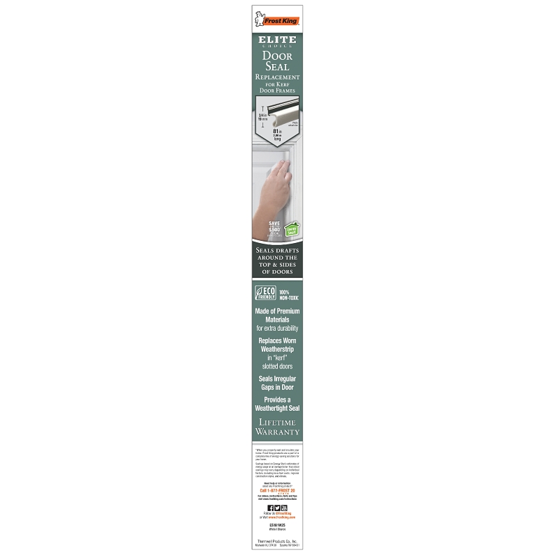 Frost King ES181W25 Door Weatherseal, 3/4 in W, 1/2 in Thick, 81 in L, PVC, White