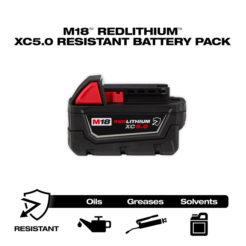 Milwaukee M18, REDLITHIUM 48-11-1850R Resistant Battery, 18 V Battery, 5 Ah, 60 min Charging