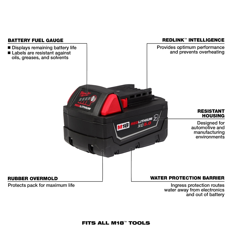 Milwaukee M18, REDLITHIUM 48-11-1850R Resistant Battery, 18 V Battery, 5 Ah, 60 min Charging