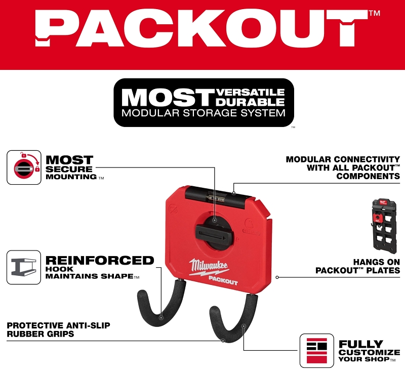 Milwaukee PACKOUT 48-22-8335 Curved Hook, 15 lb Load, 3 in L, 3-1/2 in W, 7 in H, Metal/Polymer, Black/Red