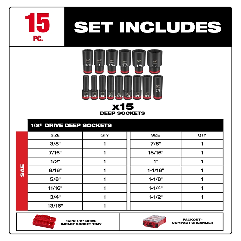 Milwaukee SHOCKWAVE Impact Duty Series 49-66-6802 Socket Set, Chrome Molybdenum Steel, 15-Pieces