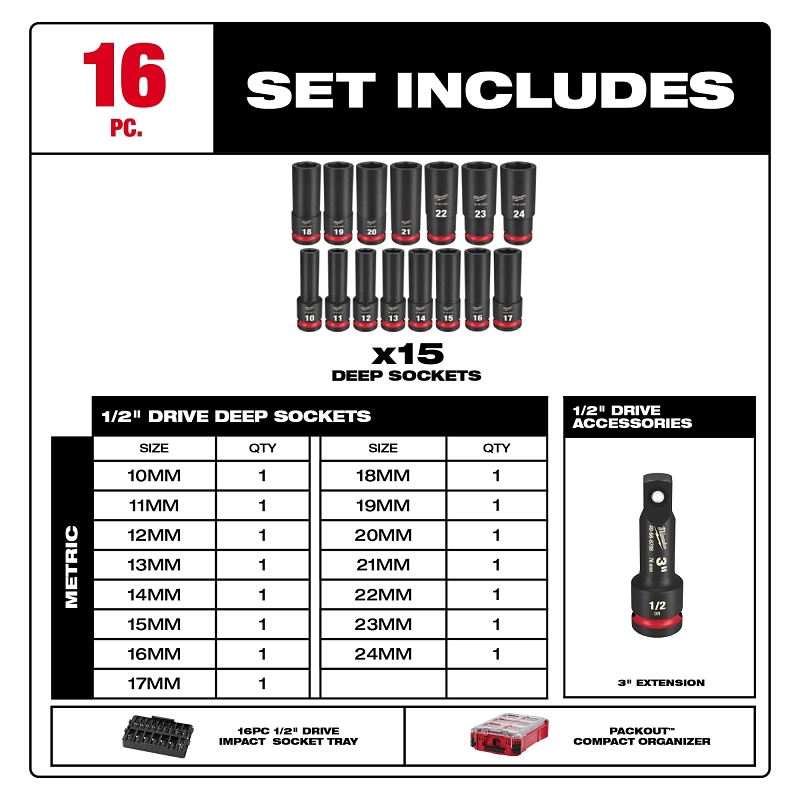 Milwaukee SHOCKWAVE Impact Duty Series 49-66-6803 Socket Set, Chrome Molybdenum Steel, 16-Pieces