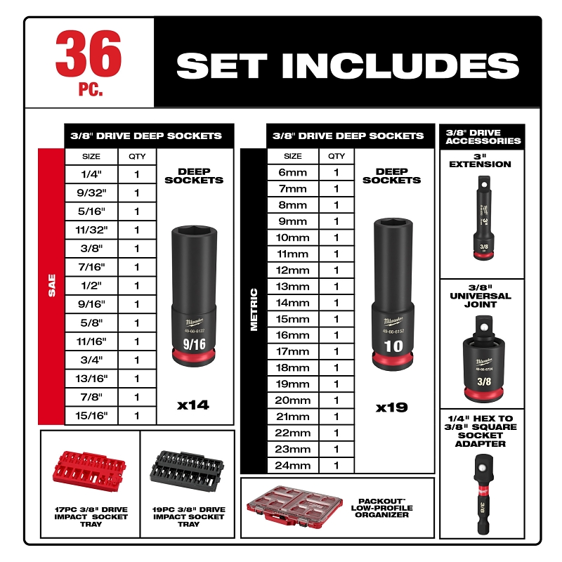 Milwaukee 49-66-6805 SHOCKWAVE Impact Duty Series Socket Set, Chrome Molybdenum Steel, Includes: 3/8 in Universal Joint