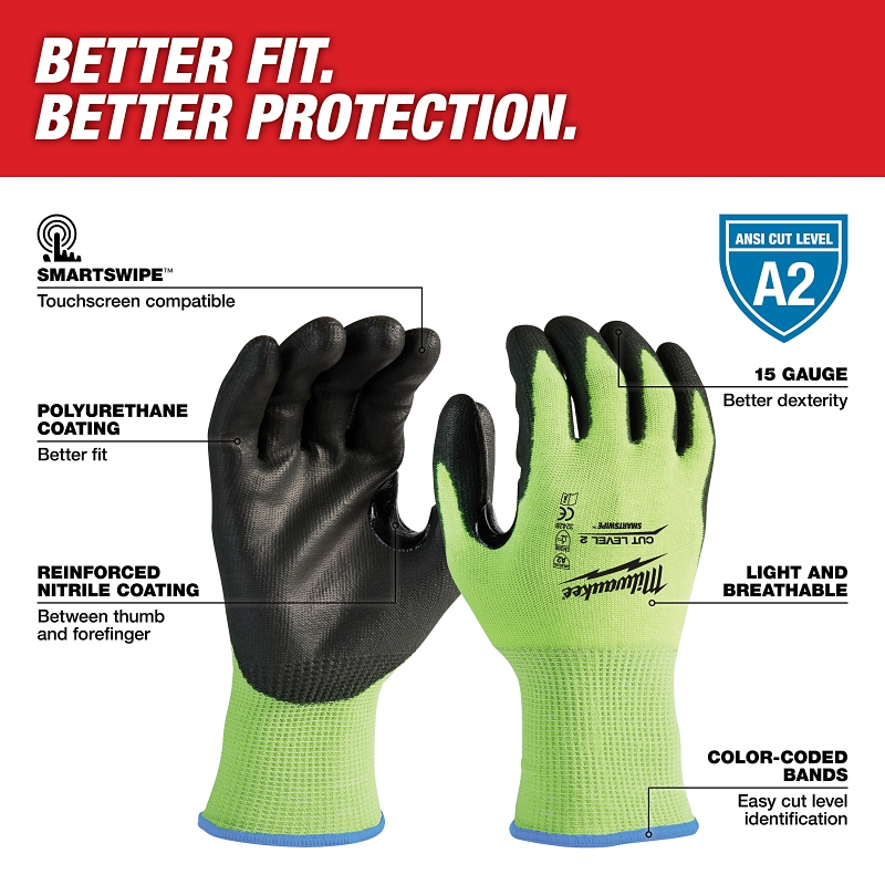 Milwaukee 48-73-8923 High-Visibility Cut Level 2 Gloves, Unisex, XL, Elasticated Knit Cuff, Nitrile Coating, Yellow