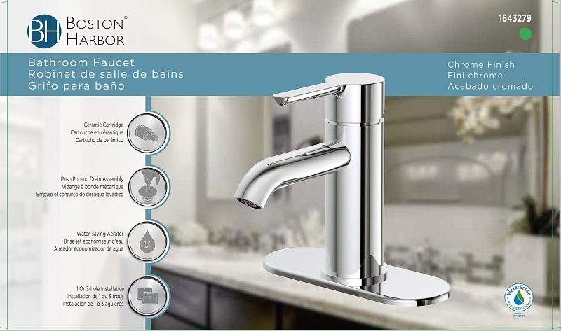 Boston Harbor FS6A0128CP Lavatory Faucet, 1.2 gpm, 1-Handle, 1 or 3-Faucet Hole, Metal/Plastics, Chrome