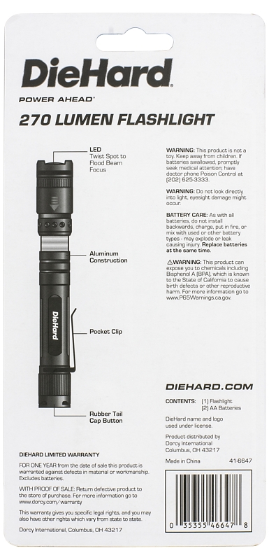Dorcy 41-6647 Flashlight, AA Battery, Alkaline Battery, 270, Flood Beam, 100 m Beam Distance, 3 hr 15 m Run Time, Silver