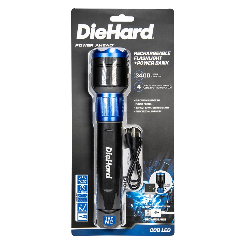 DieHard 41-6646 Flashlight, 3000 mAh, Lithium, Rechargeable Battery, LED Lamp, 3000, 600 Lumens Lumens, Black/Blue