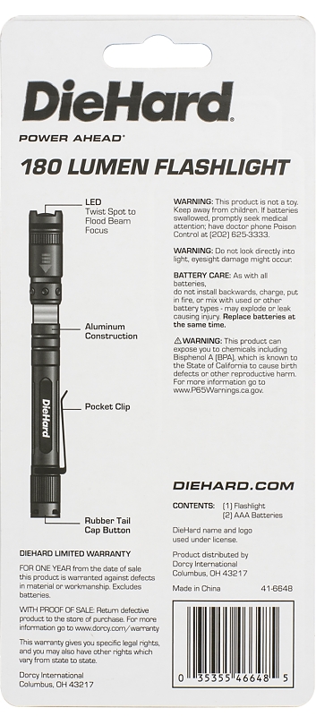 Dorcy 41-6648 Flashlight, AAA Battery, Alkaline Battery, 180, Flood Beam, 70 m Beam Distance, 1 hr 50 m Run Time, Silver