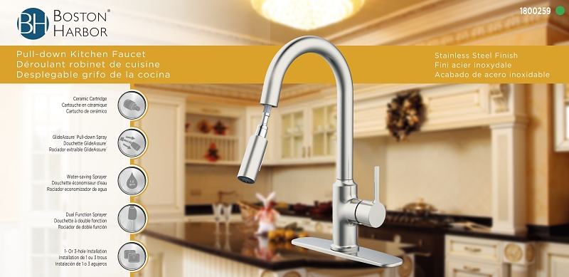 Boston Harbor FP4AF227NP Contemporary Pull-Down Kitchen Faucet, 1.8 gpm, 1-Handle, 1 or 3-Faucet Hole