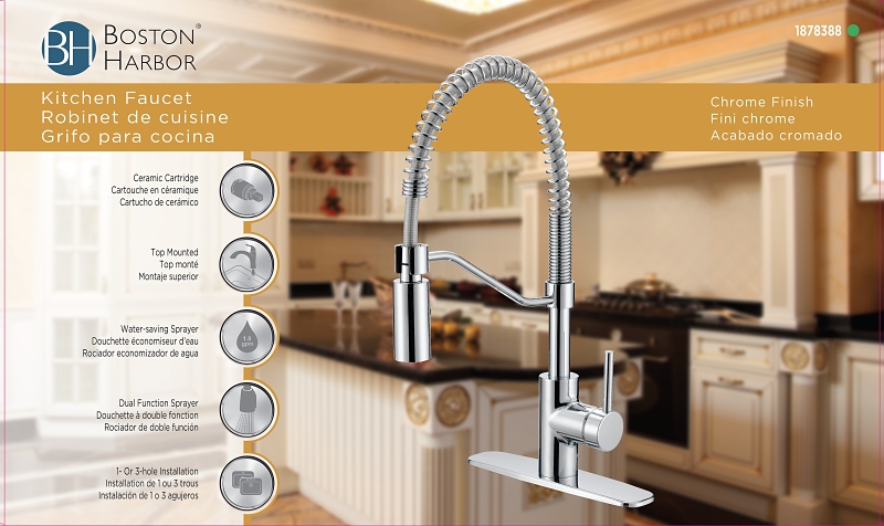 Boston Harbor FP4A0096CP Spring Pull-Down Kitchen Faucet, 1.8 gpm, 1-Handle, 1 or 3-Faucet Hole